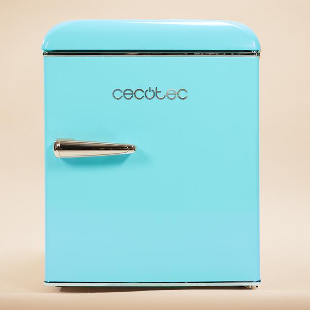 Bolero CoolMarket TT Origin 45 Blue E Mini-réfrigérateur rétro bleu de 55 cm de hauteur et 44,7 cm de largeur avec une capacité de 45 litres, classe énergétique E, Icebox et poignée chromée.