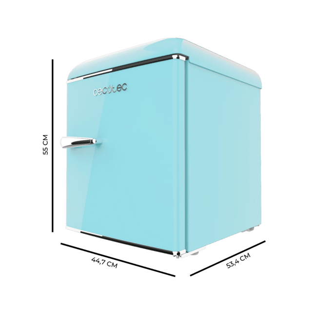 Bolero CoolMarket TT Origin 45 Blue E Mini frigorífico retro sobremesa azul de 55cm de alto y 44,7cm de ancho con capacidad de 45L, clase energética E, Icebox y tirador cromado.