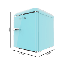 Bolero CoolMarket TT Origin 45 Blue E Mini-réfrigérateur rétro bleu de 55 cm de hauteur et 44,7 cm de largeur avec une capacité de 45 litres, classe énergétique E, Icebox et poignée chromée.