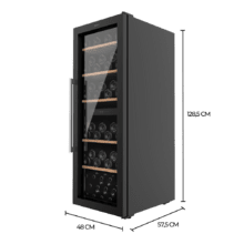 Bolero GrandSommelier Duo 77000 Black Vinoteca de 77 botellas de capacidad con sistema compresor de enfriamiento que garantiza un alto rendimiento, ofreciendo una doble zona, tanto para vino tinto, como blanco o champagne. Temperatura regulable y luz LED interior.