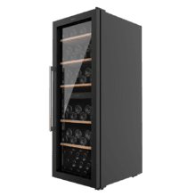 Bolero GrandSommelier Duo 77000 Schwarz Weinkeller mit einer Kapazität von 77 Flaschen und einem Kompressor-Kühlsystem, das eine hohe Leistung garantiert und eine Doppelzone für Rot-, Weiß- oder Champagnerwein bietet. Einstellbare Temperatur und LED-Innenbeleuchtung.