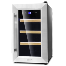 Cave à vin Grand Sommelier 800 CoolWood. Cave à vin pour 8 bouteilles, 25 L de capacité, porte en verre avec encadrement en acier inoxydable et étagères en bois, panneau tactile et écran LED