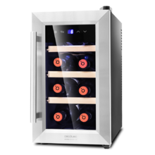 Cave à vin Grand Sommelier 800 CoolWood. Cave à vin pour 8 bouteilles, 25 L de capacité, porte en verre avec encadrement en acier inoxydable et étagères en bois, panneau tactile et écran LED