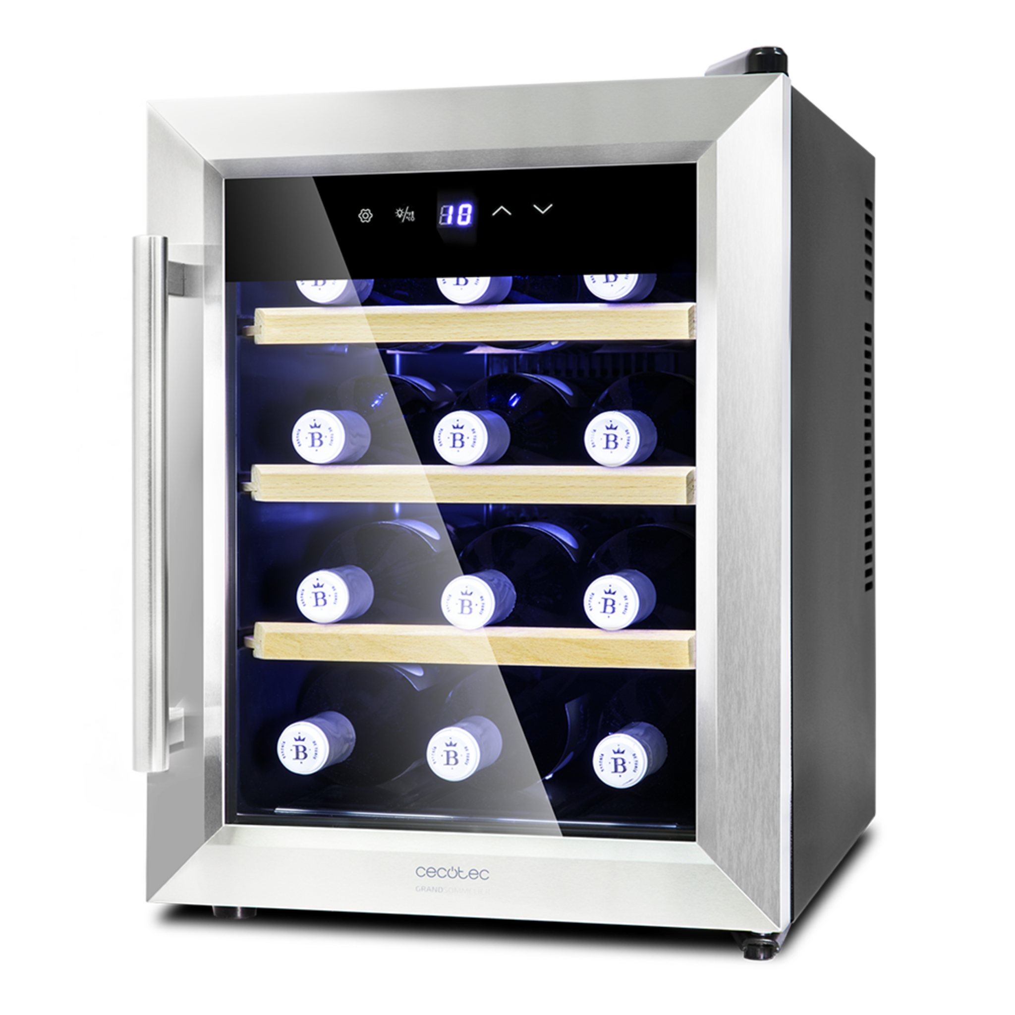 Grand Sommelier 1200 CoolWood Weinskühlschrank. 12 Flaschen, 33 Liter Fassungsvermögen, Glastür mit Edelstahlrahmen und Holzeinlegeböden, Touchpanel und LED-Anzeige