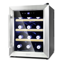 Cave à vin Grand Sommelier 1200 CoolWood. Cave à vin pour 12 bouteilles, 33 L de capacité, design porte en verre avec encadrement en acier inoxydable et étagères en bois, panneau tactile et écran LED