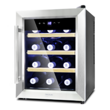 Cantinetta vini Grand Sommelier 1200 CoolWood. 12 bottiglie, capacità di 33 L, design sportello in vetro con cornice in acciaio inossidabile e ripiani in legno, pannello touch e display LED