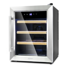 Cave à vin Grand Sommelier 1200 CoolWood. Cave à vin pour 12 bouteilles, 33 L de capacité, design porte en verre avec encadrement en acier inoxydable et étagères en bois, panneau tactile et écran LED