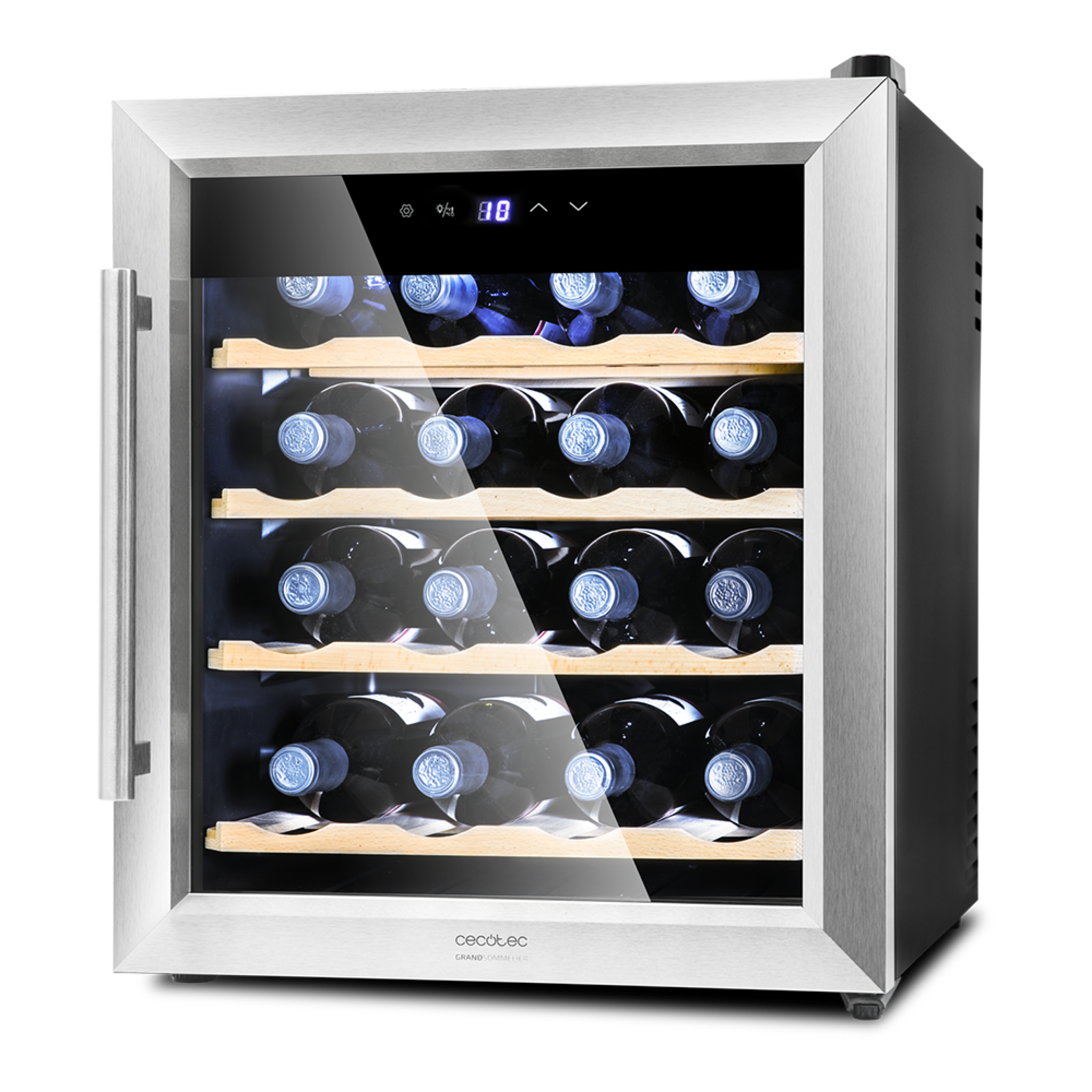 Cave à vin Grand Sommelier 1600 SilenceWood. Cave à vin pour 16 bouteilles, 48 L de capacité, design porte en verre avec encadrement en acier inoxydable et étagères en bois, panneau tactile et écran LED