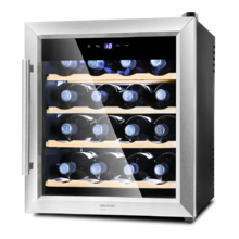 Cave à vin Grand Sommelier 1600 SilenceWood. Cave à vin pour 16 bouteilles, 48 L de capacité, design porte en verre avec encadrement en acier inoxydable et étagères en bois, panneau tactile et écran LED