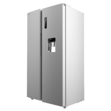 Frigorífico americano Bolero CoolMarket SBS 559 Inox de tamaño slim con gran capacidad gracias a sus 559 litros y reducido consumo gracias a su clase E y su sistema Multi Airflow, con dispensador de agua.
