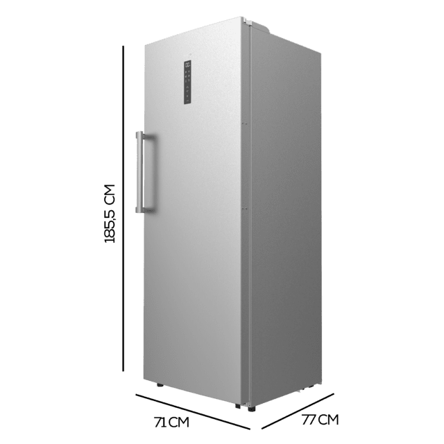 Bolero CoolMarket UF 380 inox Congelador vertical convertible a frigorífico con capacidad de 380 Litros, 185.5cm de alto y 71cm de ancho, compresor inverter de bajo consumo, display en puerta, acabado inox, NoFrost, clase energética E