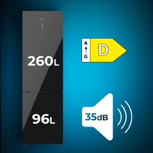Bolero CoolMarket 356 Black Glass D Frigorífico Combi Black Glass con 356 litros de capacidad, 200 cm de alto y 60 cm de ancho, clase D y motor inverter plus. Con sistema Multi Air Flow, Total No Frost y 2 cajones para los productos frescos.