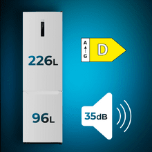 Bolero CoolMarket Combi 322 White D Frigorífico Combi White con 322 litros de capacidad, 185 de alto y 60 cm de ancho, con motor inverter y clase D. Con sistema Multi Air flow, Total No Frost y 2 cajones para los productos frescos.