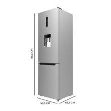 Bolero CoolMarket Combi 322 WD Inox D Frigorífico Combi Inox con dispensador de agua, 322 litros de capacidad, 185 cm de alto y 60 cm de ancho, motor inverter plus y clase D. Con sistema Multi Air flow, Total No Frost y 2 cajones para los productos frescos.