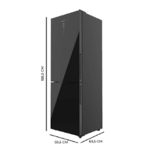 Bolero CoolMarket 322 Glass Black D Frigorífico Combi de vidro cor preto com capacidade de 322 l, 185 cm de altura e 60 cm de largura, Motor Inverter Plus, classe D, com sistema Metal Cooling, Total No Frost e 2 gaveta para produtos frescos.