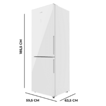 Bolero CoolMarket Combi 322 Glass White E Frigorífico con congelador de cristal blanco con 322 litros de capacidad, 185 cm de alto, 60 cm ancho y clase energética E. Con sistema Multi Air Flow, Total No Frost y 2 cajones para los productos frescos.