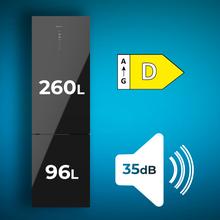 Frigorífico Bolero CoolMarket Combi 322 Black E Frigorífico com congelador de vidro precom uma capacidade de 322 litros, 185 cm de altura, 60 cm de largura e classe E. Com sistema Multi AirFlow, Total No Frost e 2 gavetas para produtos frescos.