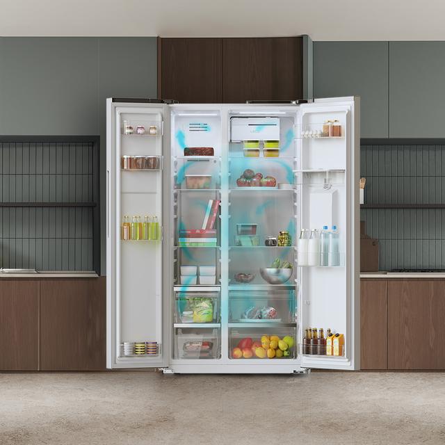 Bolero CoolMarket SBS 559 Inox E Frigorífico americano Side by Side Inox com 559 l de capacidade, 177 cm de altura e 90 cm de largura, classe E, com sistema Multi Air Flow, Total No Frost, Motor Inverter Plus.