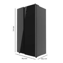 Bolero CoolMarket SBS 559 Glass E Frigorífico americano con 559 litros de capacidad, Puertas de Cristal Negro, 177x91 cm, Clase E, NoFrost, Compresor Inverter, Dispensador de Agua con depósito, Display en puerta, Fast Freezing, Modo Smart, MultiAirFlow