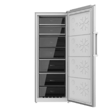 Bolero CoolMarket UF 380 inox D Congelador vertical inox con capacidad XL 380 litros, clase D, motor inverter plus, Total No Frost, display door y convertible a frigorífico.