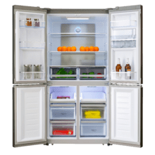 Bolero CoolMarket 4D 564 Inox E Frigorífico 4 puertas inox con una gran capacidad de 564 L, 183 cm de alto, 91 cm de ancho, con dispensador de agua, clase energética E y motor inverter plus. Además, cuenta con distintos modos como Fast Cooling y Fast Freezing, así como sistemas como MultiAirFlow, Total NoFrost o Metal Cooling.