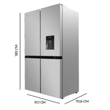 Bolero CoolMarket 4D 564 Inox E Frigorífico 4 portas Inox com 564 litros de capacidade, 185 cm de altura, 91 cm de largura, com dispensador de água, classe E e Motor Inverter Plus. Além disso, tem diferentes modos com Fast Cooling e Fast Freezing, assim como sistemas como Multi Air Flow, Total No Frost e Metal Cooling.