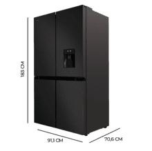 Bolero CoolMarket 4D 564 Dark E Frigorífico 4 puertas Dark con una gran capacidad de 564 L, 183 cm de alto, 91 cm de ancho, con dispensador de agua, clase energética E y motor inverter plus. Además, cuenta con distintos modos como Fast Cooling y Fast Freezing, así como sistemas como MultiAirFlow, Total NoFrost o Metal Cooling.