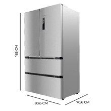 Bolero CoolMarket FD 510 Inox E Frigorífico 4 puertas inox estilo francés, con una gran capacidad de 510 L, 183 cm de alto, 85 cm de ancho, clase energética E y motor Inverter plus. Además, cuenta con distintos modos como Fast Cooling y Fast Freezing, así como sistemas como MultiAirFlow, Total NoFrost, Metal Cooling.