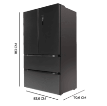 Bolero CoolMarket FD 510 Dark E Frigorífico 4 puertas inox estilo francés, con una gran capacidad de 510 L, 183 cm de alto, 85 cm de ancho, clase energética E y Motor Inverter plus. Además, cuenta con distintos modos como Fast Cooling y Fast Freezing, así como sistemas como MultiAirFlow, Total NoFrost, Metal Cooling.