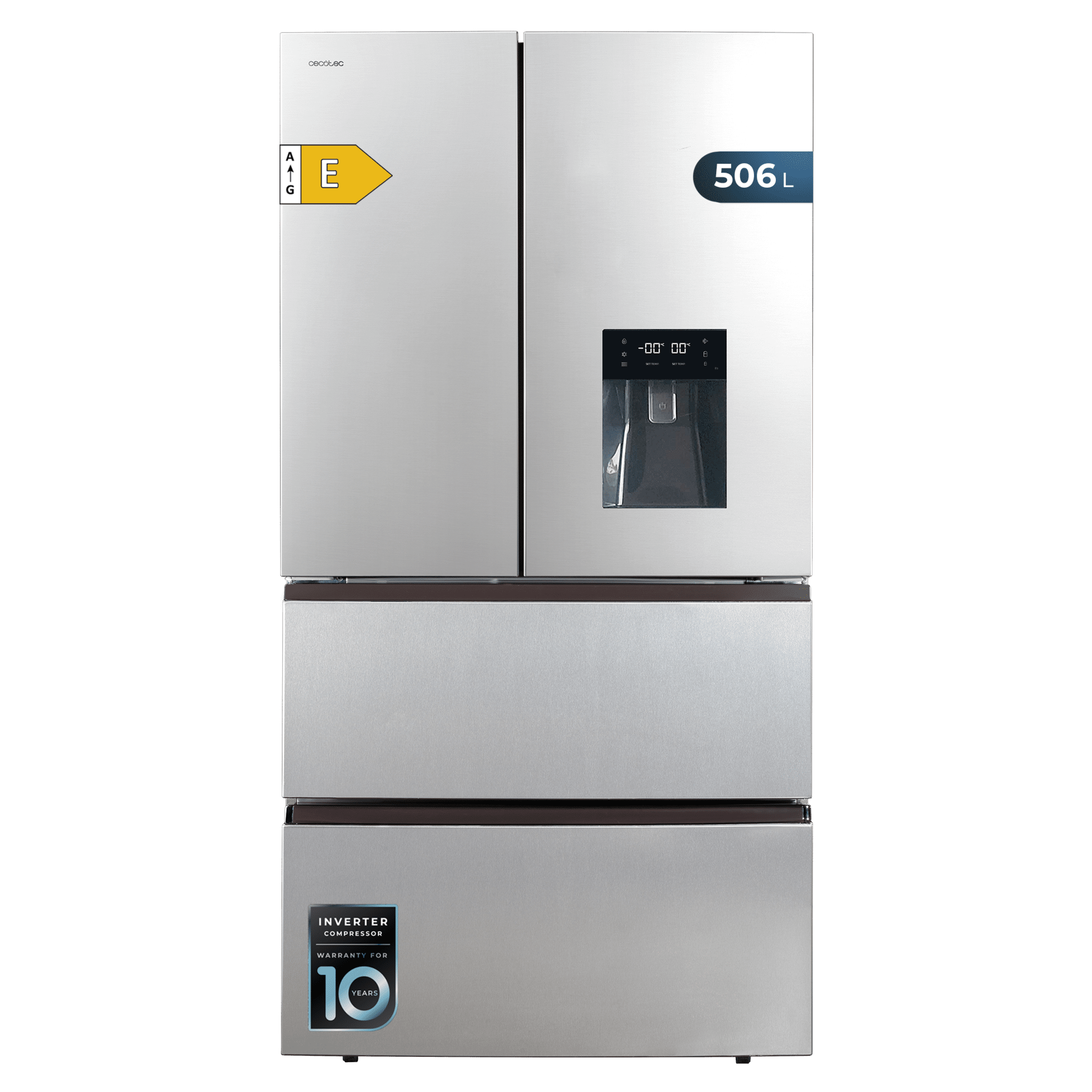 Bolero CoolMarket FD 510 WD Inox E Frigorífico 4 portas Inox estilo francês, com 510 litros de capacidade, 185 cm de altura, 85 cm de largura, com dispensador de água, classe E e Motor Inverter Plus. Além disso, tem diferentes modos com Fast Cooling e Fast Freezing, assim como sistemas como Multi Air Flow, Total No Frost, Metal Cooling.