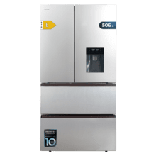 Bolero CoolMarket FD 510 WD Inox E Frigorífico 4 puertas inox estilo francés, con una gran capacidad de 506 L, 183 cm de alto, 84 cm de ancho, con dispensador de agua, clase energética E y compresor inverter plus. Además, cuenta con distintos modos como Fast Cooling y Fast Freezing, así como sistemas como MultiAirFlow, Total NoFrost, Metal Cooling.