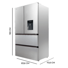 Bolero CoolMarket FD 510 WD Inox E Frigorífico 4 portas Inox estilo francês, com 510 litros de capacidade, 185 cm de altura, 85 cm de largura, com dispensador de água, classe E e Motor Inverter Plus. Além disso, tem diferentes modos com Fast Cooling e Fast Freezing, assim como sistemas como Multi Air Flow, Total No Frost, Metal Cooling.