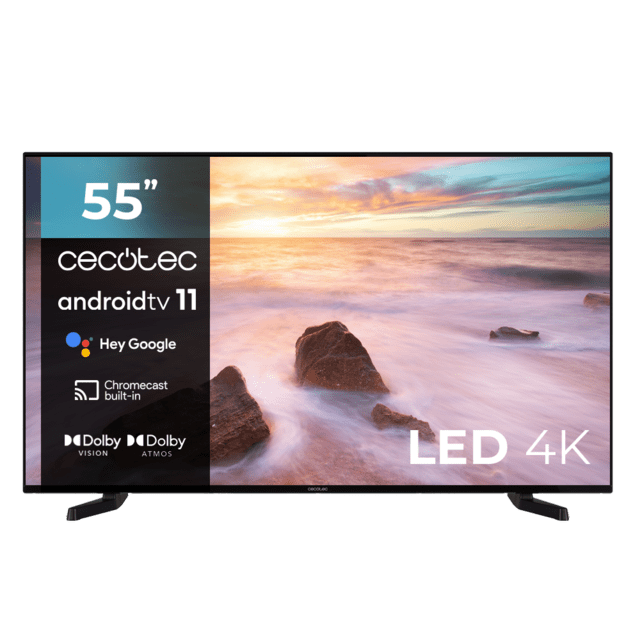 ‌TV Cecotec A2 Series ALU20055S TV LED 55” com resolução 4K UHD e sistema operacional Android TV 11, Chromecast, HDR10+, Google Voice Assistant, Classe E