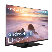 TV A2Z series ALU20043Z TV LED de 43' com resolução 4k UHD e sistema operacional Android TV 11, Chromecast, HDR10+, Google Voice Assistant, Classe E e suporte central.