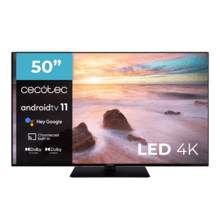 TV Cecotec A2Z series ALU20050Z TV LED 50' com resolução 4K UHD e sistema operacional Android TV 11, Chromecast, HDR10+, Google Voice Assistant, Classe E e suporte central.