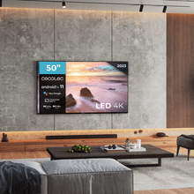TV Cecotec A2Z Series ALU20050ZS TV LED 50” com resolução 4K UHD e sistema operacional Android TV 11, Chromecast, HDR10+, Google Voice Assistant, Classe E e suporte central.