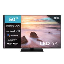 TV Cecotec Serie A2Z ALU20050ZS TV LED 50" con risoluzione 4K UHD, sistema operativo Android TV 11, Chromecast, HDR10+, Google Voice Assistant, Classe E, con supporto centrale.