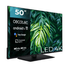 TV Cecotec A2Z Serie ALU20050ZS 50" LED TV mit 4K UHD Auflösung, Android TV 11 Betriebssystem, Chromecast, HDR10+, Google Voice Assistant, Klasse E, mit zentralem Standfuß.