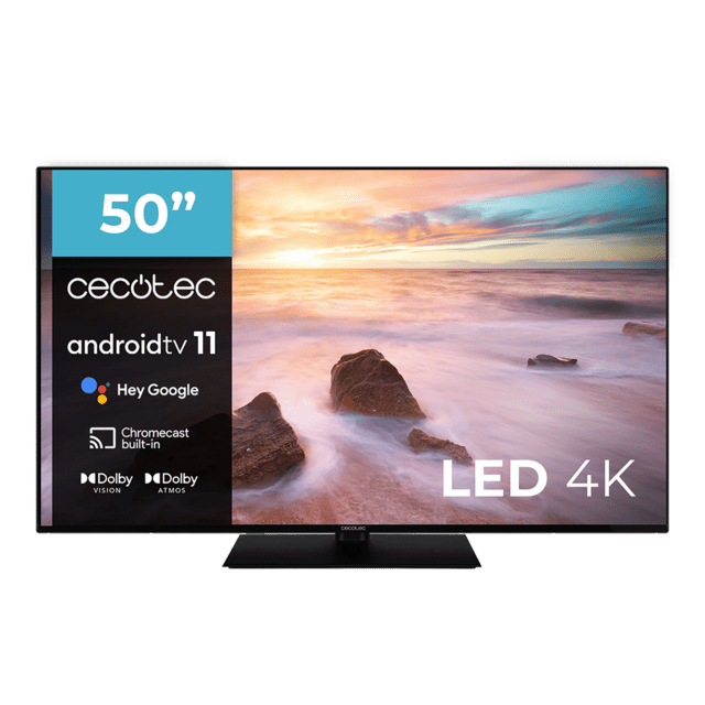 TV Cecotec A2Z Series ALU20050ZS TV LED 50” com resolução 4K UHD e sistema operacional Android TV 11, Chromecast, HDR10+, Google Voice Assistant, Classe E e suporte central.