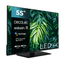 TV Cecotec A2Z Series ALU20055ZS TV LED 55' com resolução 4K UHD e sistema operacional Android TV 11, Chromecast, HDR10+, Google Voice Assistant, Classe E e suporte central.