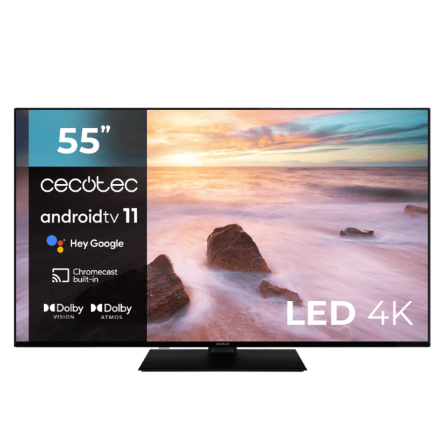TV Cecotec A2Z Series ALU20055ZS TV LED 55' com resolução 4K UHD e sistema operacional Android TV 11, Chromecast, HDR10+, Google Voice Assistant, Classe E e suporte central.