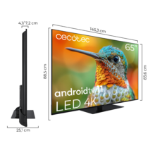 ‌TV Cecotec A2Z series ALU20065Z TV LED 65” com resolução 4k UHD e sistema operacional Android TV 11, Chromecast, HDR10+, Google Voice Assistant, Classe E e suporte central.