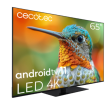 ‌TV Cecotec A2Z series ALU20065Z TV LED 65” com resolução 4k UHD e sistema operacional Android TV 11, Chromecast, HDR10+, Google Voice Assistant, Classe E e suporte central.