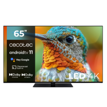 ‌TV Cecotec A2Z series ALU20065Z TV LED 65” com resolução 4k UHD e sistema operacional Android TV 11, Chromecast, HDR10+, Google Voice Assistant, Classe E e suporte central.