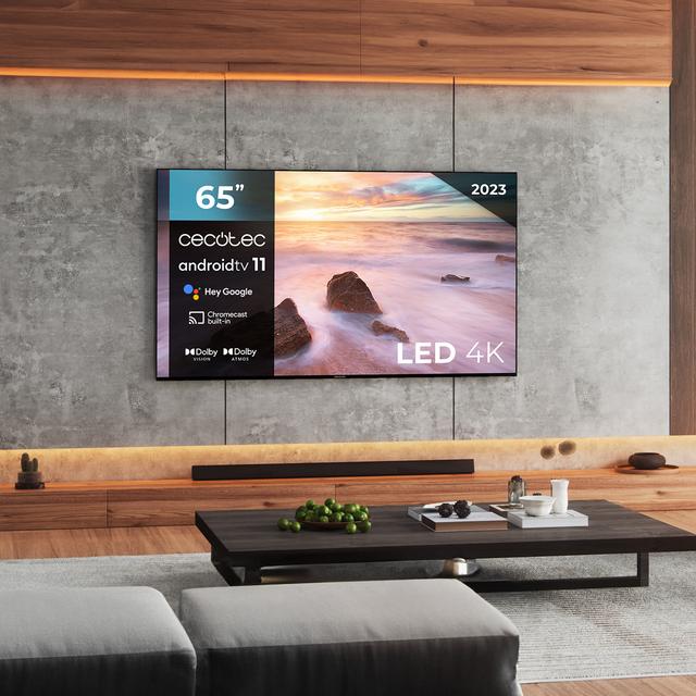 TV Cecotec A2Z series ALU20065Z Televisión LED 65” con resolución 4K UHD, sistema operativo Android TV 11, Chromecast, HDR10+, Google Voice Assistant, clase E, con peana central.