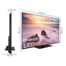 ‌TV Cecotec A2Z series ALU20065Z TV LED 65” com resolução 4k UHD e sistema operacional Android TV 11, Chromecast, HDR10+, Google Voice Assistant, Classe E e suporte central.