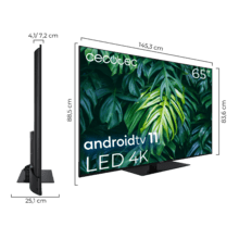 TV LED de 65" com resolução 4K UHD, sistema operativo Android TV 11, Chromecast, HDR10+, Google Voice Assistant, Classe E, com suporte central.