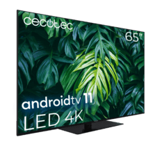 TV Cecotec A2Z Serie ALU20065ZS 65" LED TV mit 4K UHD Auflösung, Android TV 11 Betriebssystem, Chromecast, HDR10+, Google Voice Assistant, Klasse E, mit zentralem Standfuß.