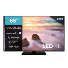 TV LED de 65" com resolução 4K UHD, sistema operativo Android TV 11, Chromecast, HDR10+, Google Voice Assistant, Classe E, com suporte central.