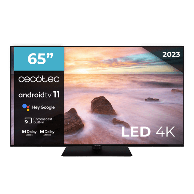 TV Cecotec Serie A2Z ALU20065ZS TV LED 65" con risoluzione 4K UHD, sistema operativo Android TV 11, Chromecast, HDR10+, Google Voice Assistant, Classe E, con supporto centrale.